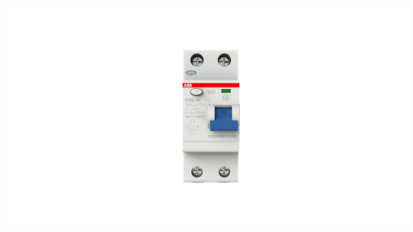 Interruttore differenziale ABB F200, 2 poli, 100A, 30mA, montaggio su guida DIN, grado di protezione IP2X.