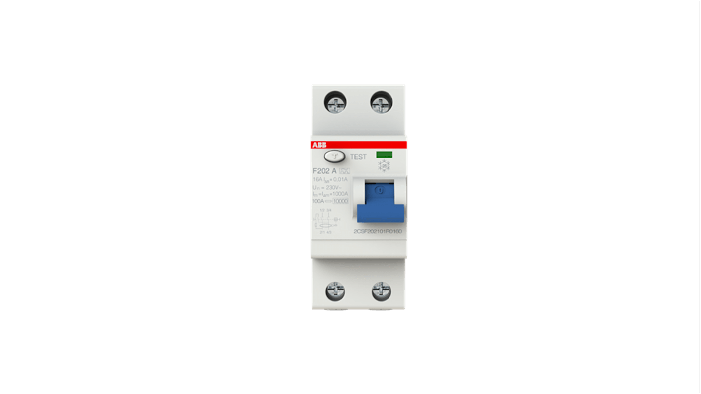 Interruttore differenziale ABB, Tipo A, 2 poli, 16A, 230V, montaggio su guida DIN, dimensioni 35 x 69 x 85mm.