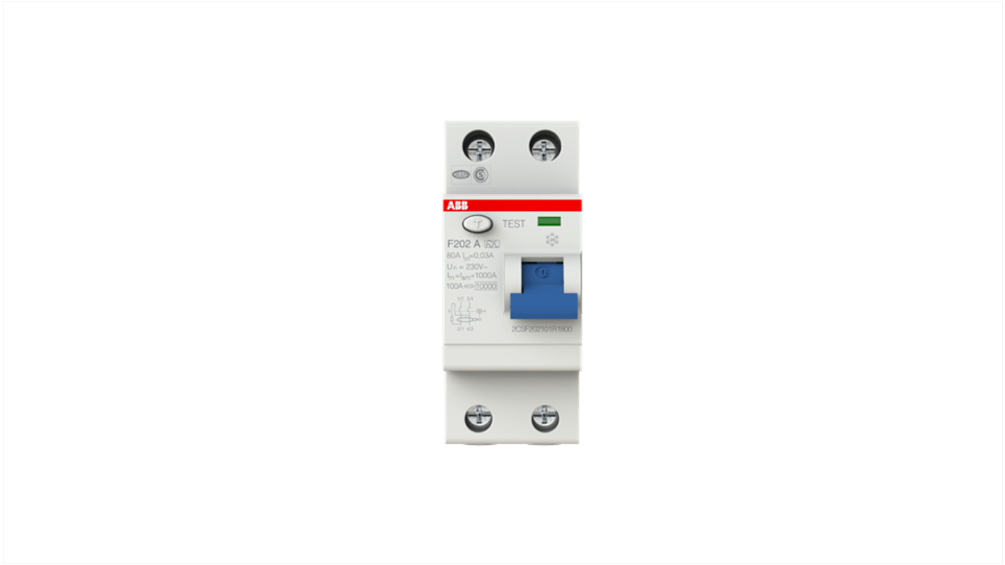 Interruttore differenziale ABB F202 A-80/0.03, 2 poli, 80A, 30mA, montaggio su guida DIN, protezione contro guasti a terra.