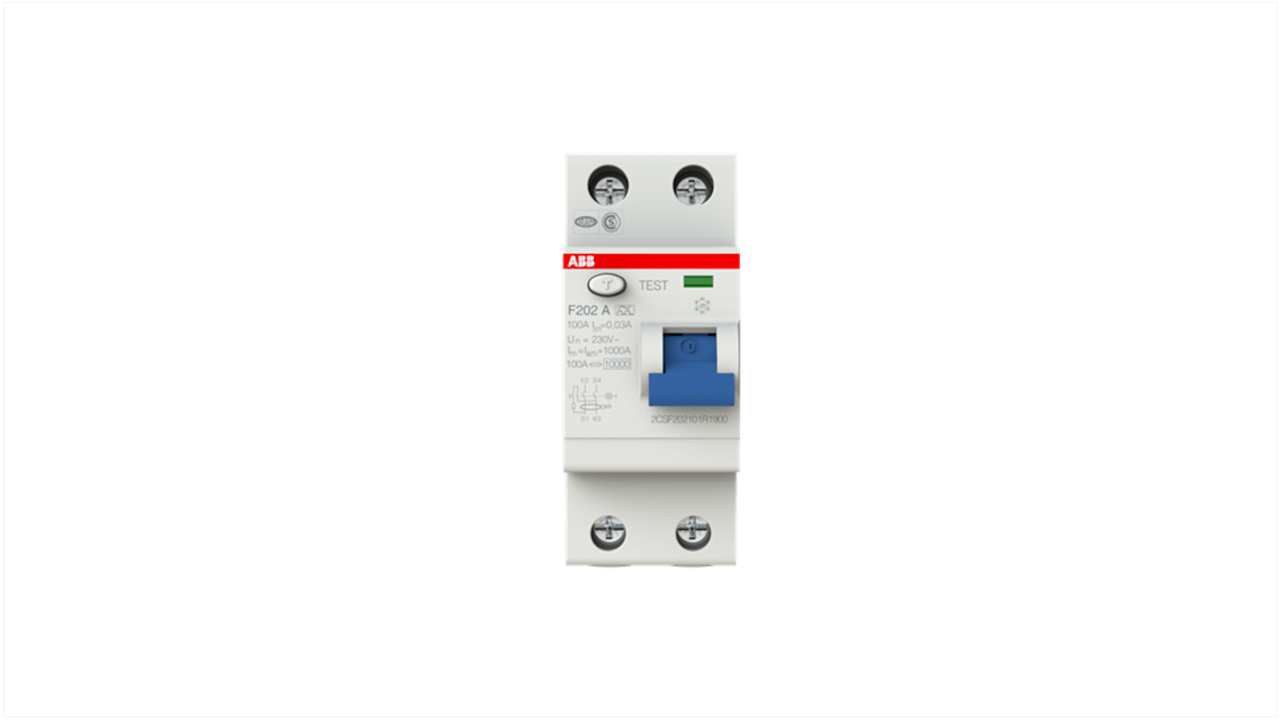 Interruttore differenziale ABB F202 A-100/0.03, 2 poli, 100A, 30mA, montaggio su guida DIN, protezione IP2X.