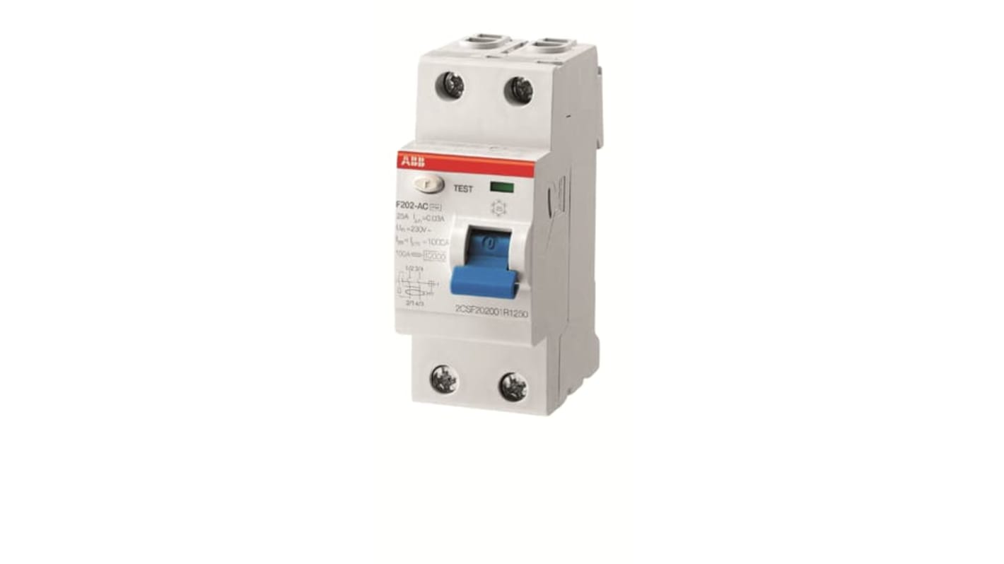 Interruttore differenziale ABB F200, 2 poli, 25A, 100mA, montaggio su guida DIN, grado di protezione IP2X.