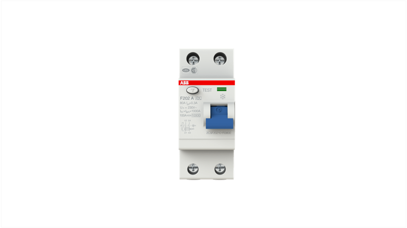Interruttore differenziale ABB F202 A-80/0.3, 2 poli, 80A, 300mA, montaggio su guida DIN, grado di protezione IP2X.