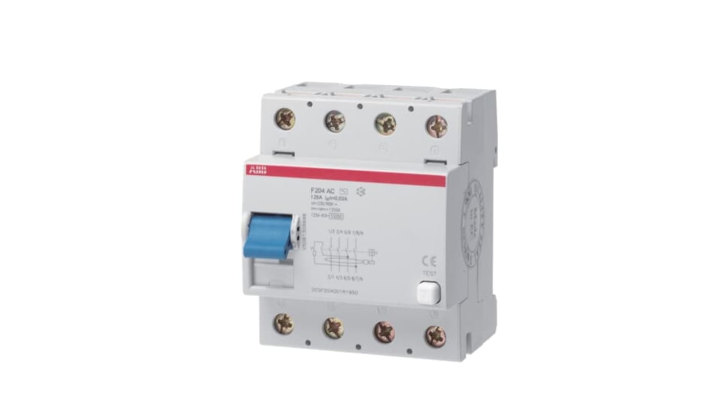 Interruttore differenziale ABB 4 poli, 125A, 30mA, montaggio su guida DIN, grado di protezione IP2X.