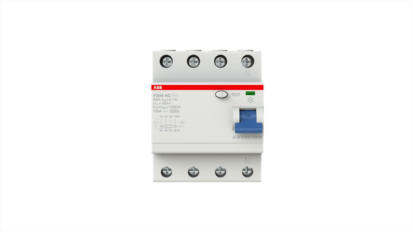 Interruttore differenziale ABB F204, 4 poli, 63A, 100mA, montaggio su guida DIN, grado di protezione IP2X.