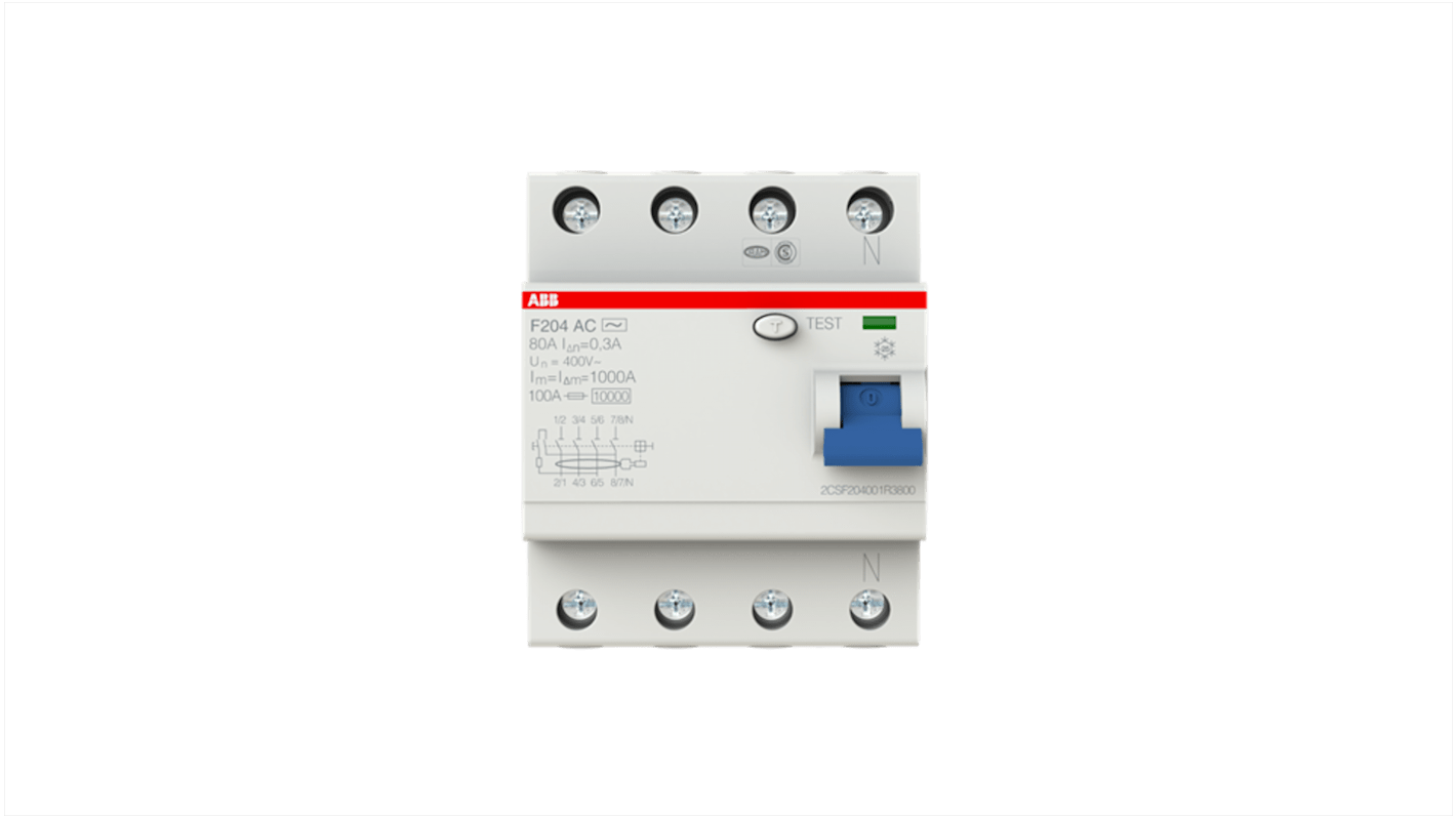 Interruttore differenziale ABB F204, 4 poli, 80A, 300mA, montaggio su guida DIN, grado di protezione IP2X.