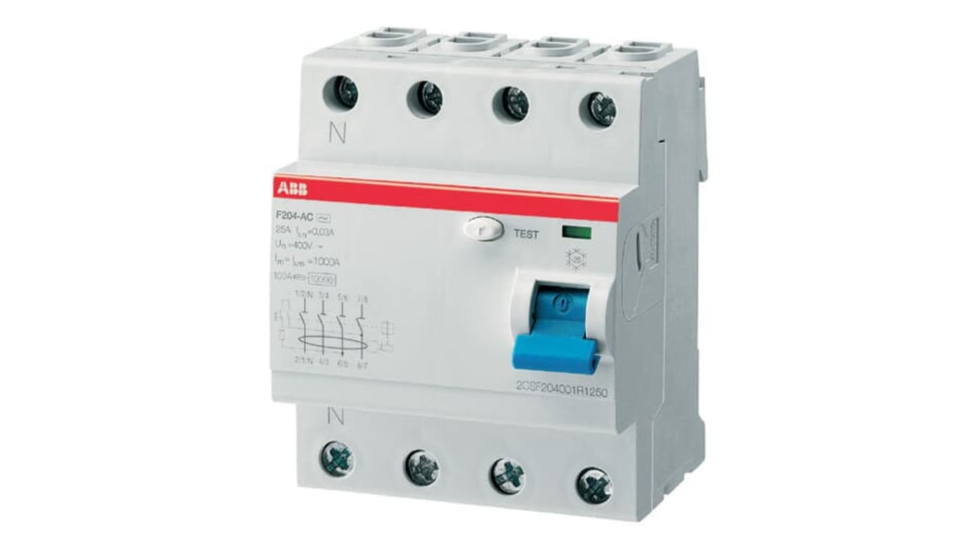 Interruttore RCCB ABB F204, 4 poli, 25A, 500mA, montaggio su guida DIN, grado di protezione IP2X, per tensione 230V.