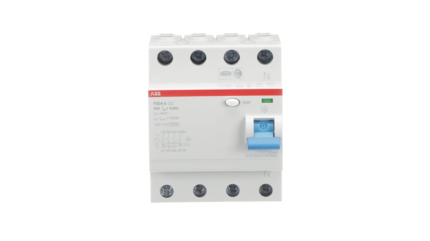 Interruttore differenziale ABB 2CSF204101R1630, 4 poli, 63A, 30mA, montaggio su guida DIN, dimensioni 69 x 70 x 85mm.
