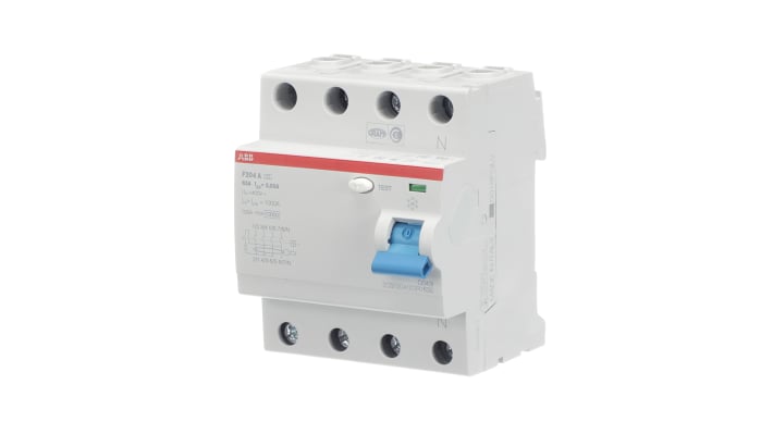 Interruttore differenziale ABB 2CSF204101R1630, 4 poli, 63A, 30mA, montaggio su guida DIN, dimensioni 69 x 70 x 85mm.