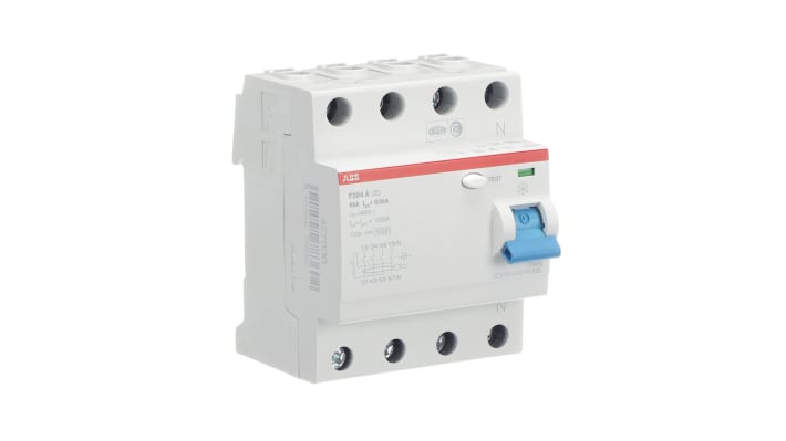 Interruttore differenziale ABB 2CSF204101R1630, 4 poli, 63A, 30mA, montaggio su guida DIN, dimensioni 69 x 70 x 85mm.