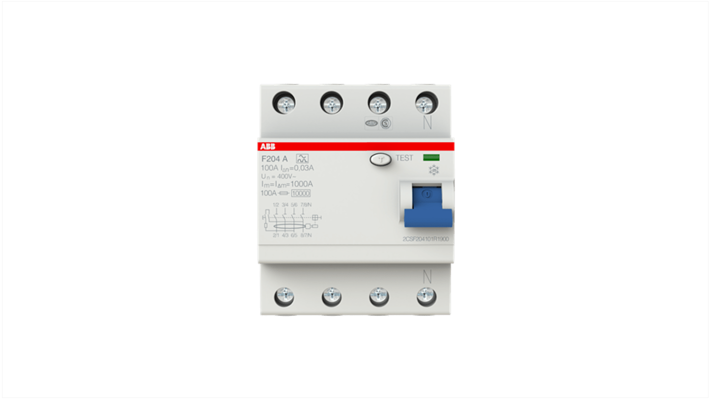 Interruttore differenziale ABB 4 poli, 100A, 30mA, montaggio su guida DIN, grado di protezione IP2X, serie F200.