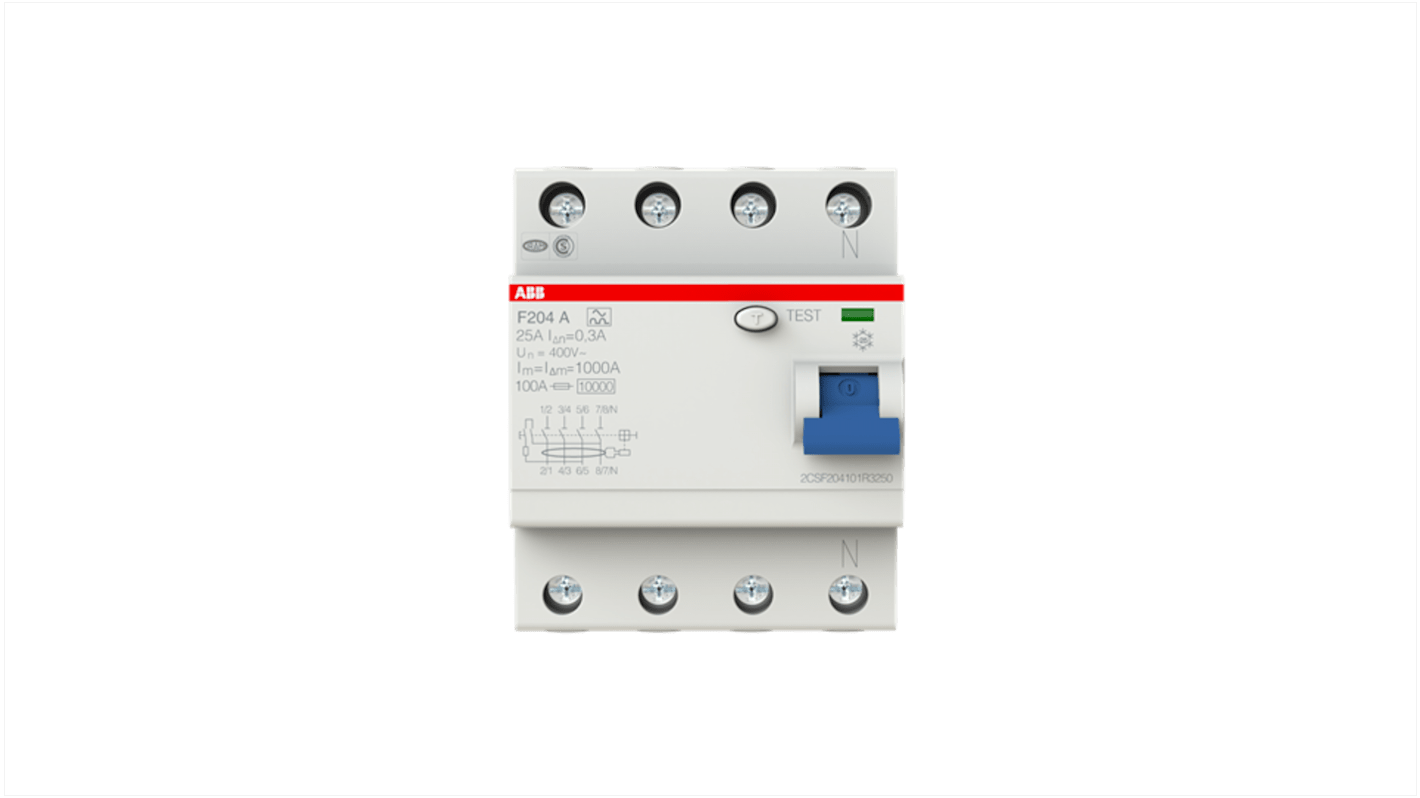 Interruttore differenziale ABB 4 poli, 25A, 300mA, montaggio su guida DIN, grado di protezione IP2X.
