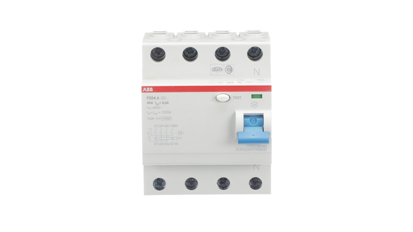Interruttore differenziale ABB F200, 4 poli, 40A, 300mA, montaggio su guida DIN, dimensioni 69 x 70 x 85mm.