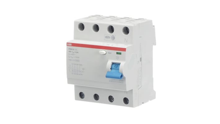 Interruttore differenziale ABB F200, 4 poli, 40A, 300mA, montaggio su guida DIN, dimensioni 69 x 70 x 85mm.