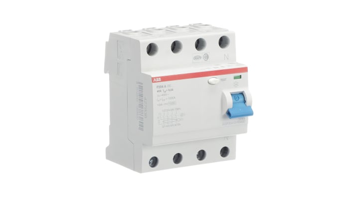 Interruttore differenziale ABB F200, 4 poli, 40A, 300mA, montaggio su guida DIN, dimensioni 69 x 70 x 85mm.