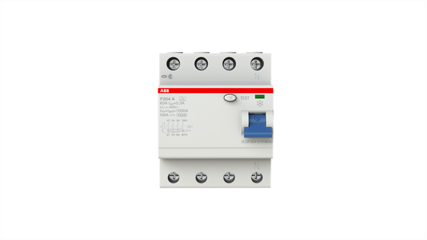 Interruttore differenziale ABB F204 A-63/0,3, 4 poli, 63A, 300mA, montaggio su guida DIN, grado di protezione IP2X.