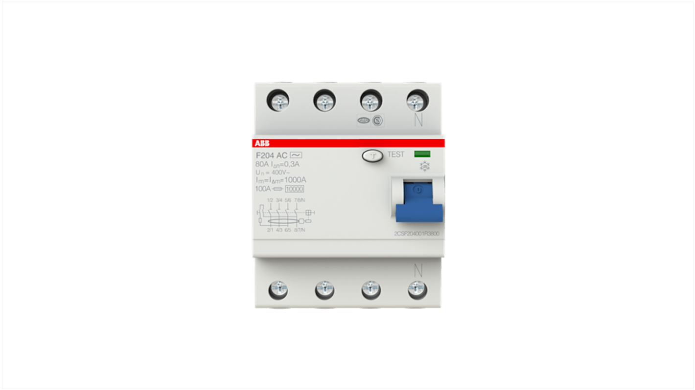 Interruttore differenziale ABB F204 A-80/0,3, 4 poli, 80A, 300mA, montaggio su guida DIN, protezione IP2X.