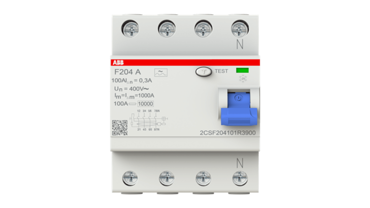 Interruttore differenziale ABB 2CSF204101R3900 F204 A-100/0,3, 4 poli, 100A, 300mA, montaggio su guida DIN, grado di protezione IP2X.