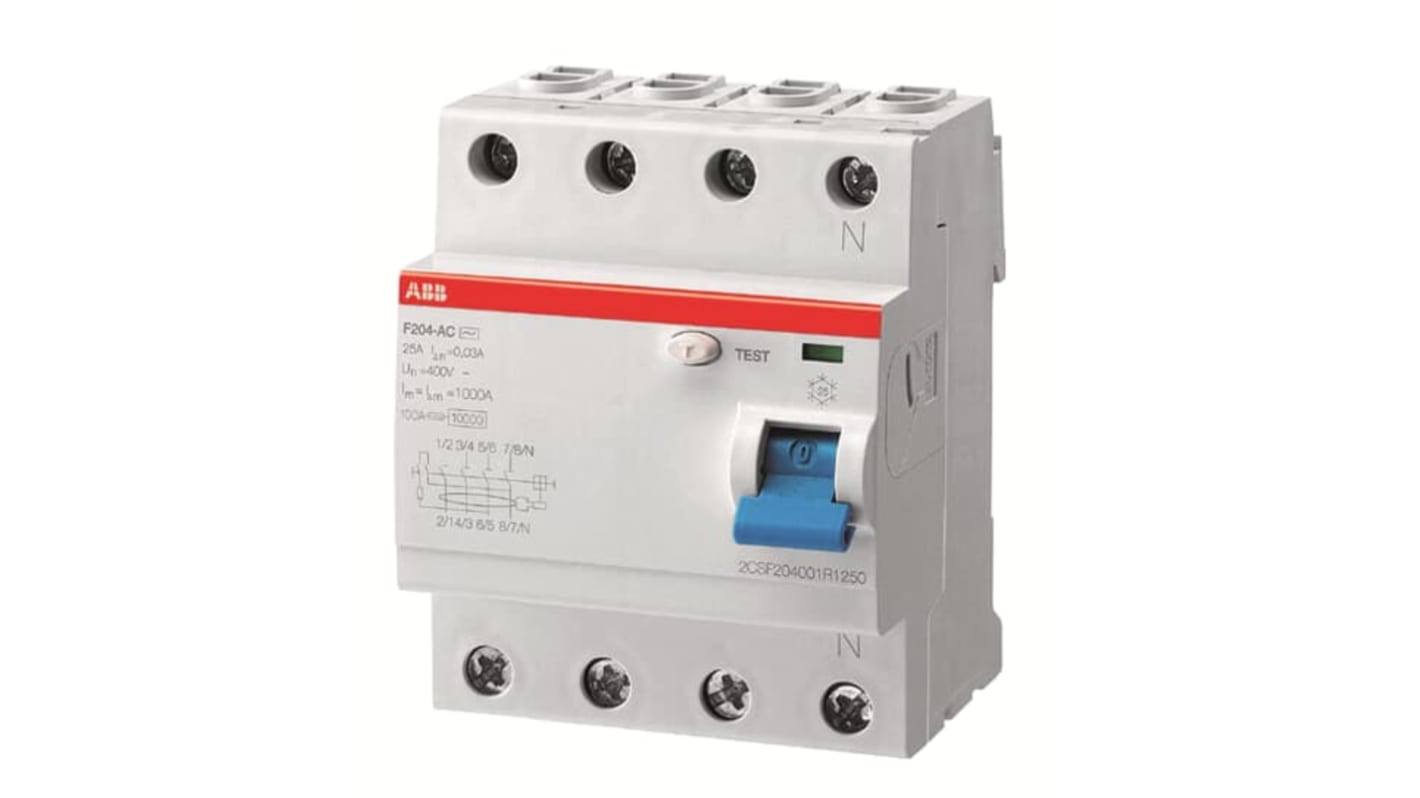 Interruttore RCCB ABB F204, 4 poli, 63A, 30mA, montaggio su guida DIN, grado di protezione IP2X, per tensione 230V.