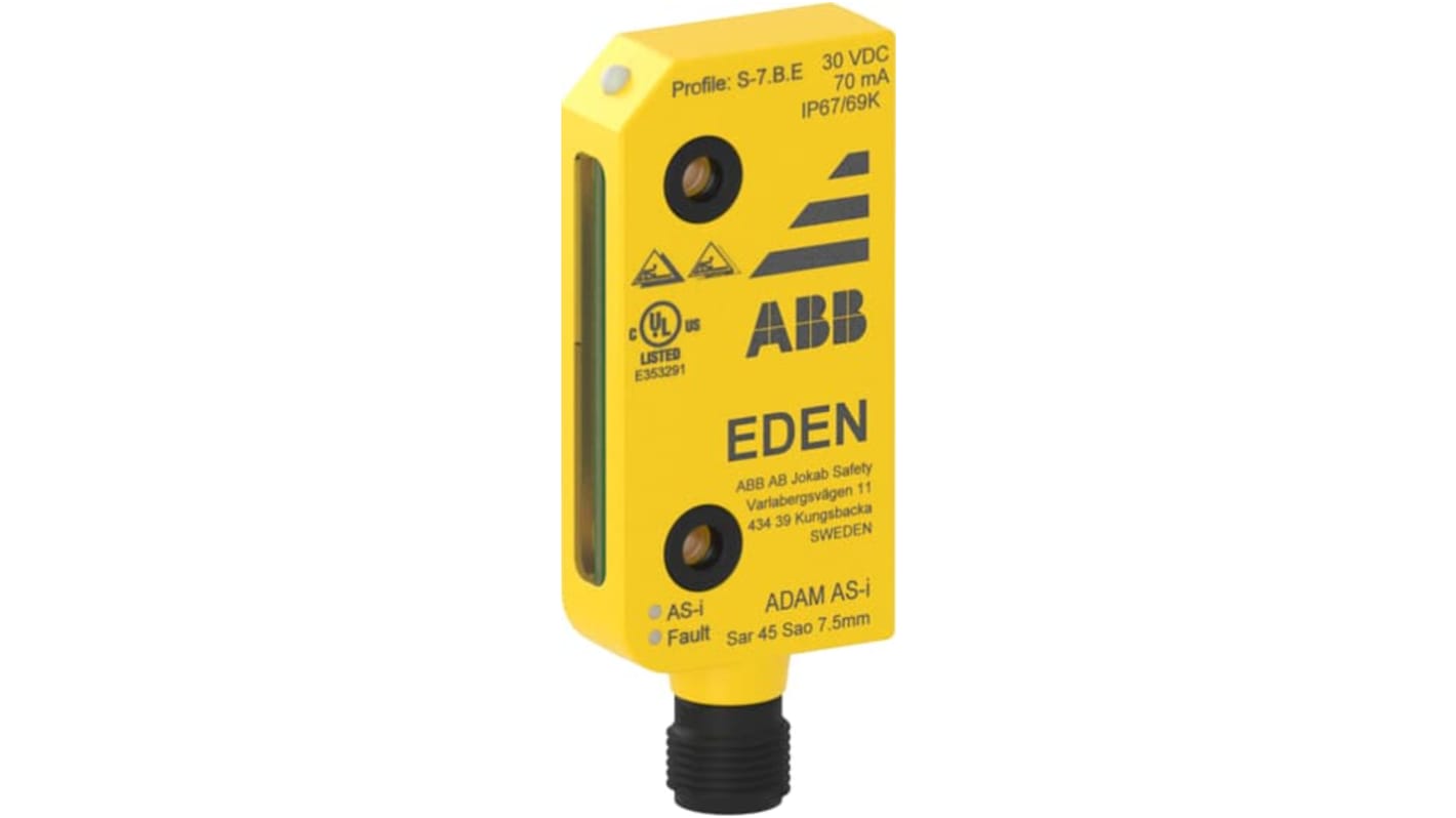 Interruttore di sicurezza senza contatto ABB, magnetico, M12, IP67/IP69K, 30mm x 75,2mm x 12mm, montaggio a 360°.