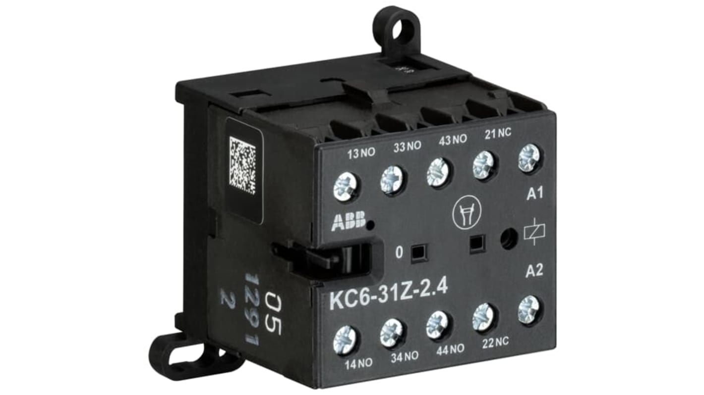 Relè contattore ABB GJH1213001R5311 KC6-31Z-2.4W, 3 NA/1 NC, 4 A, tensione 17-32 V DC, montaggio su guida o a parete.