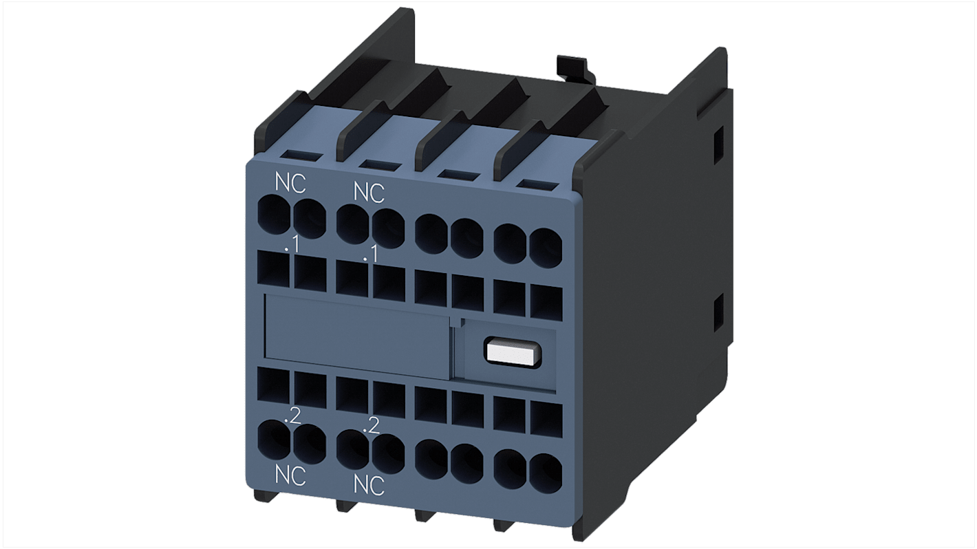 Siemens 3RH2911-2HA02, modulo contatti 2NC snap-on, dimensioni 36x41,5x47,7 mm, grado di protezione IP20, corrente 10 A.