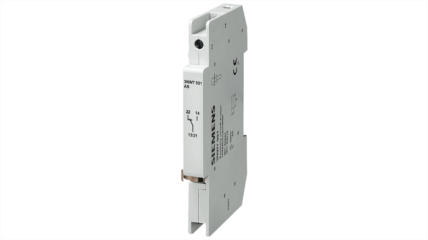 Contatto ausiliario Siemens 3NW7901, 1 C/A, 250V, dimensioni 9x83x64mm, serie SENTRON.