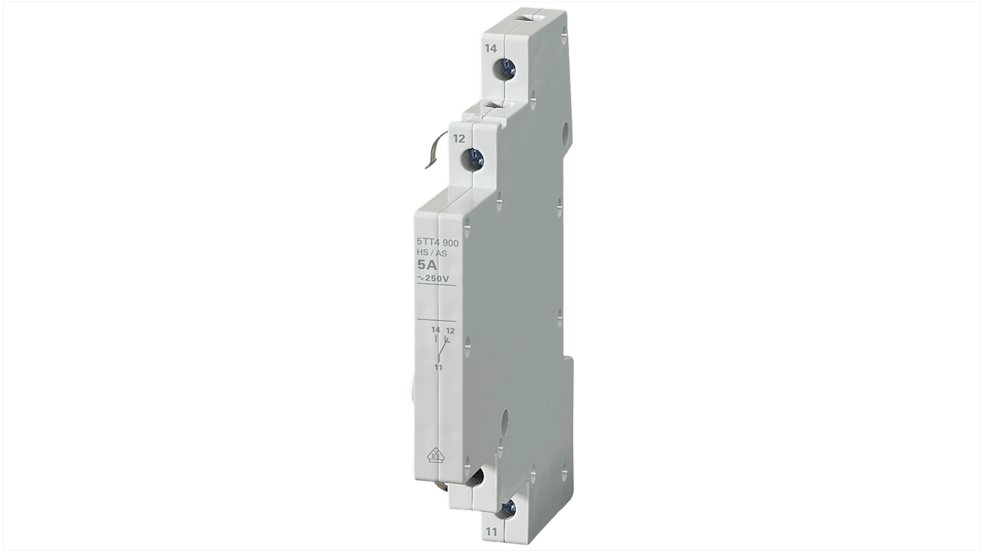 Contatto ausiliario Siemens 5TT4900, 2 contatti 1NC/1NA, tensione 250V, dimensioni 9x90x64mm, per applicazioni industriali.