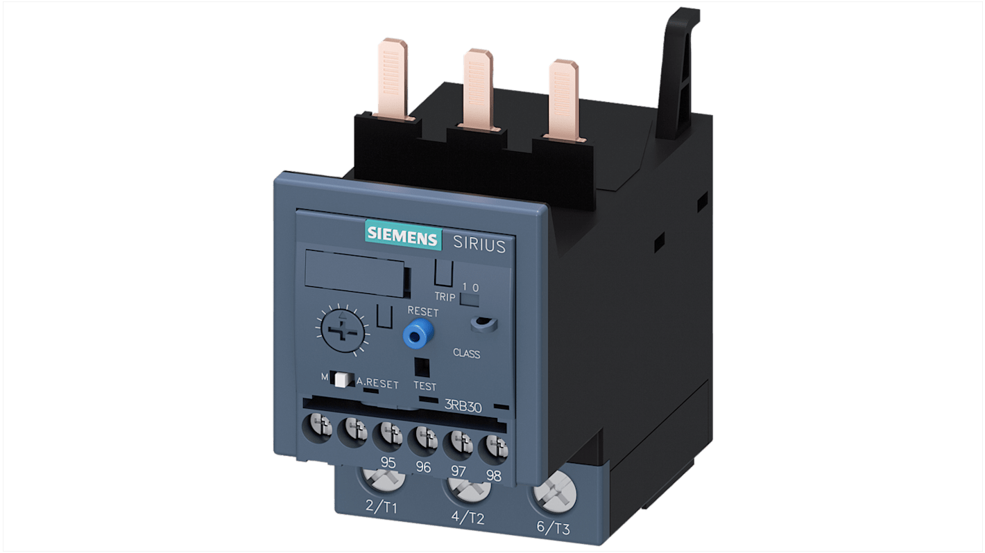 Relè di sovraccarico a stato solido Siemens 3RB3036-1WB0, 1NC/1NA, carico FLC 20-80 A, tensione 690 V, classe IP20.