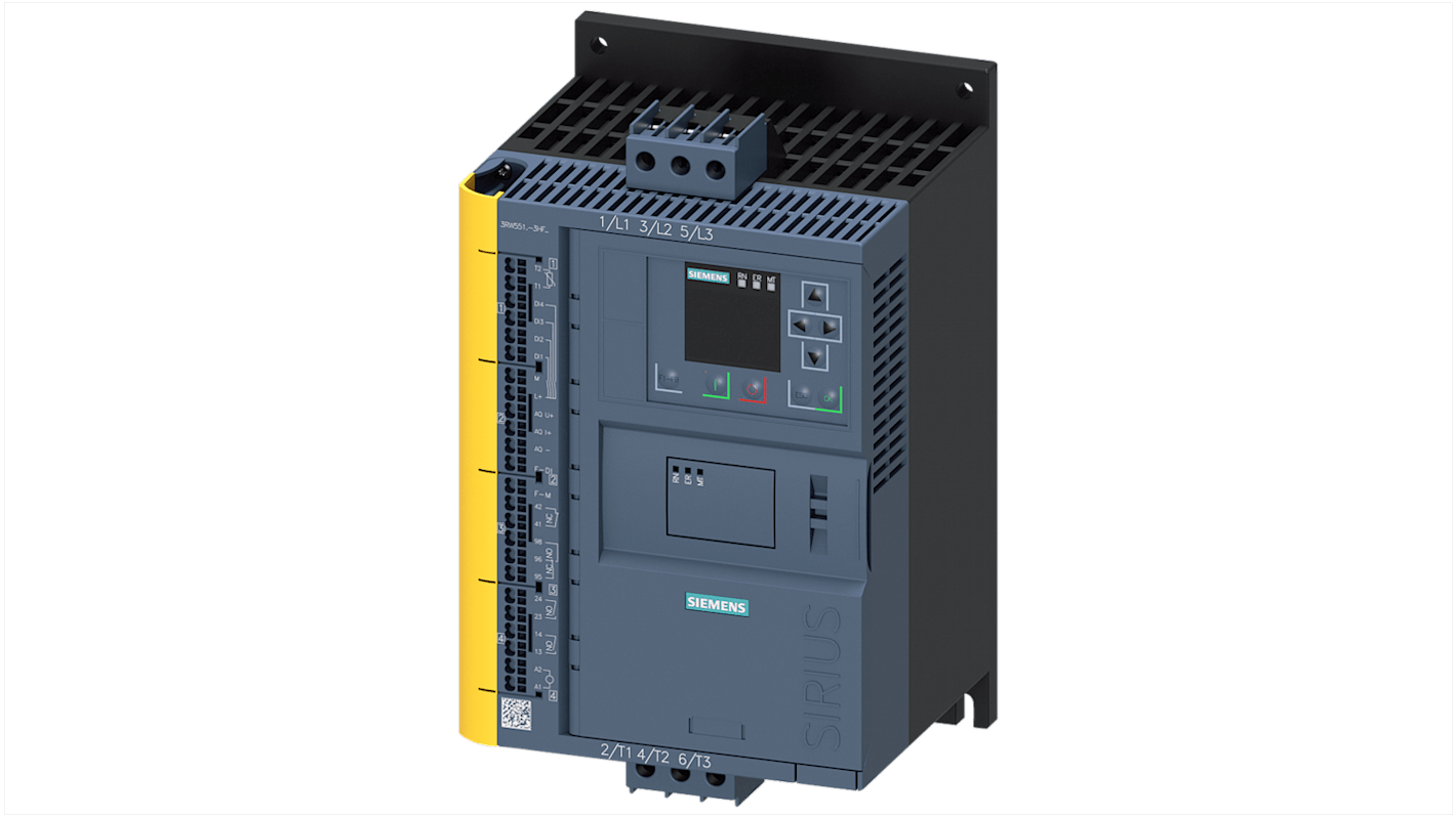 Avviatore soft-start Siemens 3RW5514-3HF14, 3 fasi, 4 kW, 18 A, montaggio verticale, dimensioni 275x170x152 mm.