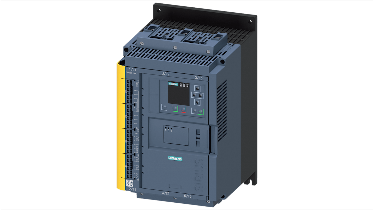 Avviatore soft-start Siemens 3RW5524-3HF14, 3 fasi, 11 kW, montaggio verticale, dimensioni 306x185x203 mm.