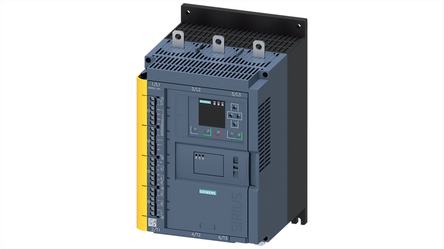 Avviatore soft-start Siemens 3RW5536-6HF04, 3 fasi, 45 kW, montaggio verticale, dimensioni 306x185x203 mm.