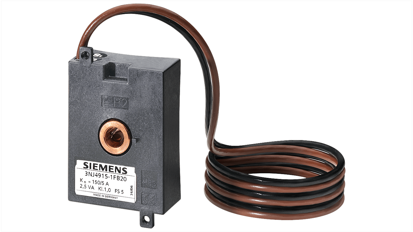 Trasformatore di corrente Siemens 3NJ4915-2GB11, ingresso 250A, classe 0.5, dimensioni 80mm x 52mm, grado di protezione IP20.