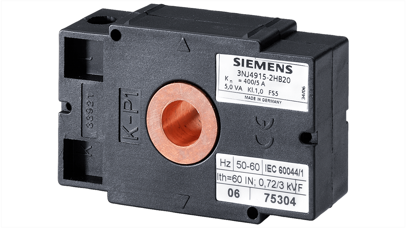 Trasformatore di corrente Siemens 3NJ4915-2KA20, ingresso 600A, rapporto 600:1, dimensioni 80x52mm, grado di protezione IP20.