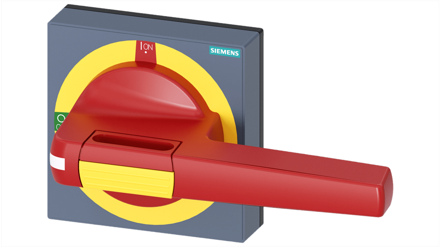 Manopola rotante Siemens 8UD1851-3AD05, colore rosso/giallo, lunghezza 100 mm, grado di protezione IP65, con arresto di emergenza.