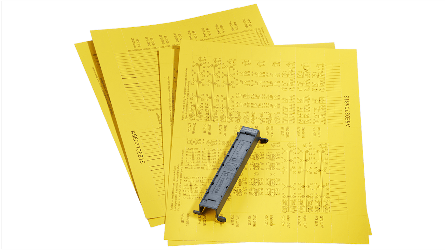 Porta frontale Siemens 6ES7328-7AA10-0AA0 per moduli SIMATIC S7-300, con etichettatura e schema di cablaggio giallo.