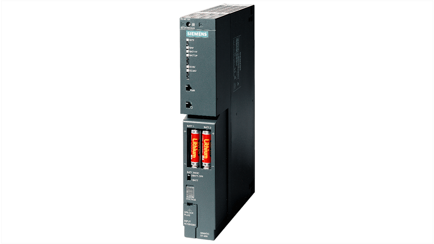Alimentatore Siemens 6ES7407-0KA02-0AA0 per SIMATIC S7-400, montaggio su rack, 120-230 V, 10 A, dimensioni 50 x 290 x 217 mm.