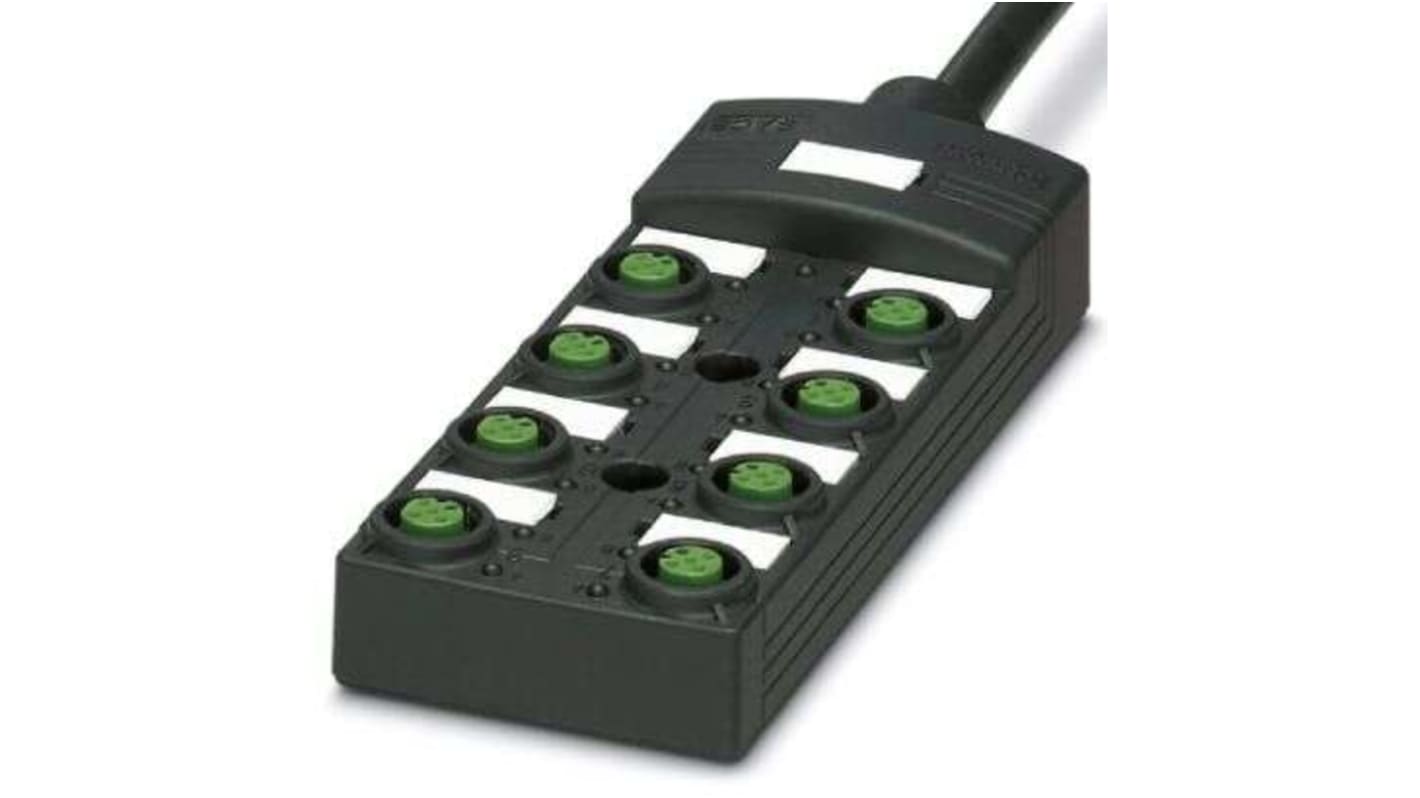 Scatola sensore Phoenix Contact 1097612 con collegamento M12-SPEEDCON, 8 scanalature, cavo master fisso 1,5 m. Installazione rapida e grado di protezione elevato.