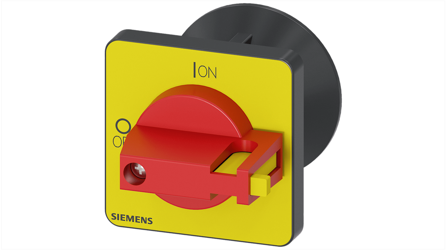Manopola rotante Siemens 3LD9343-5C, colore rosso, montaggio centrale 48x48 mm, accoppiamento albero 6x6 mm.