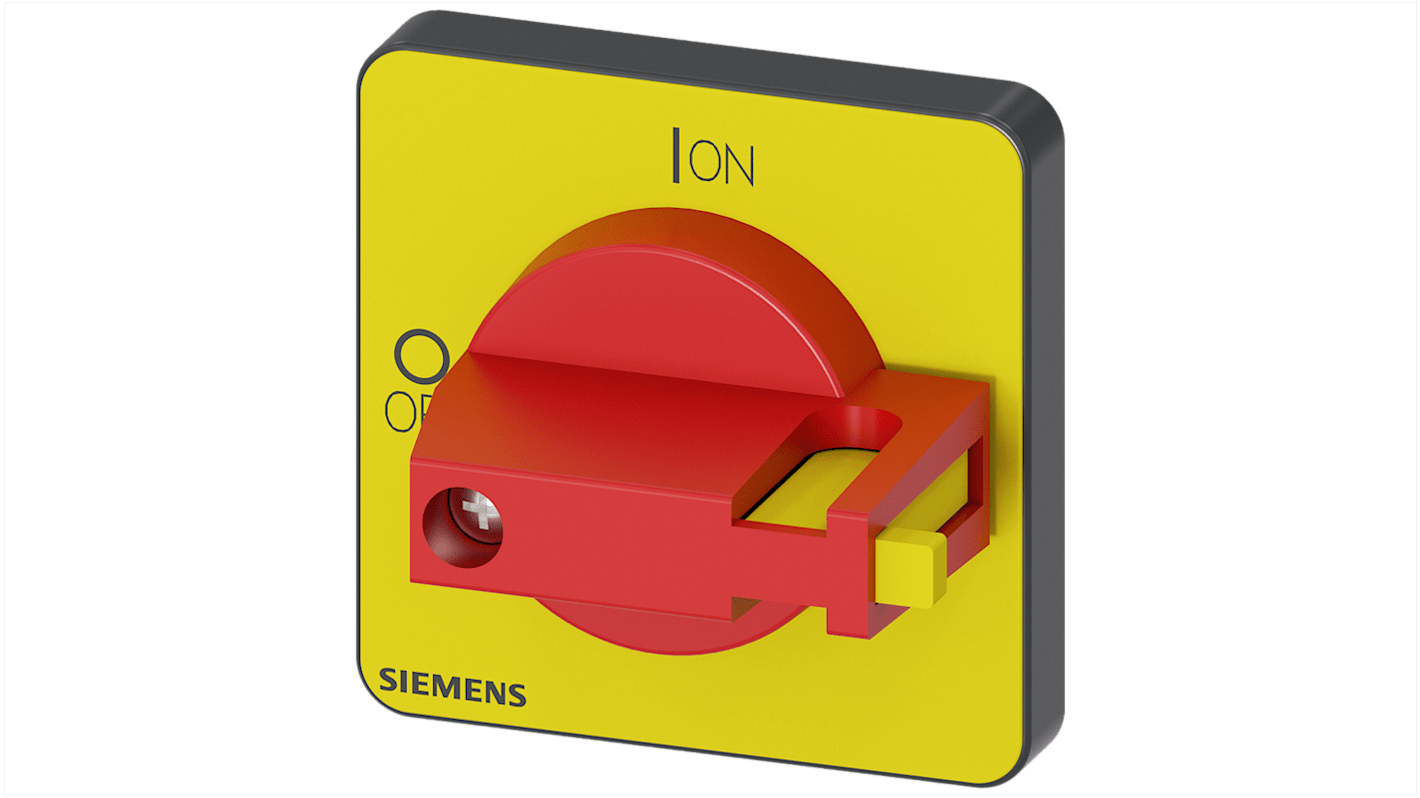 Manopola rotante Siemens 3LD9343-7C per sezionatore di carico, montaggio su piastra frontale 48x48 mm, foro centrale 22,5 mm.