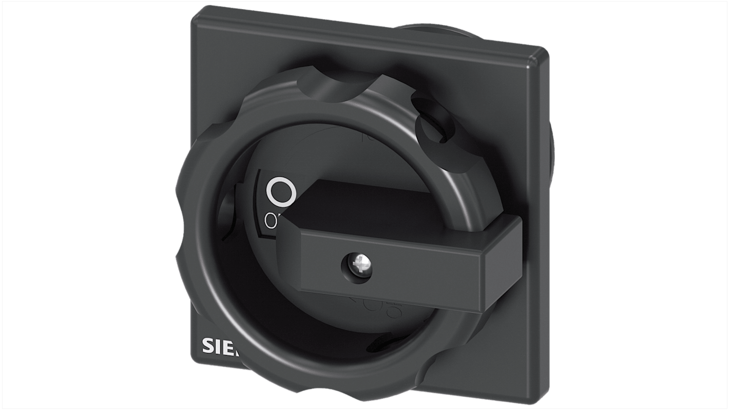 Manopola rotante Siemens 3LD9344-2C per sezionatore carico, montaggio su piastra 66x66 mm, foro centrale 22,5 mm. Colore nero.