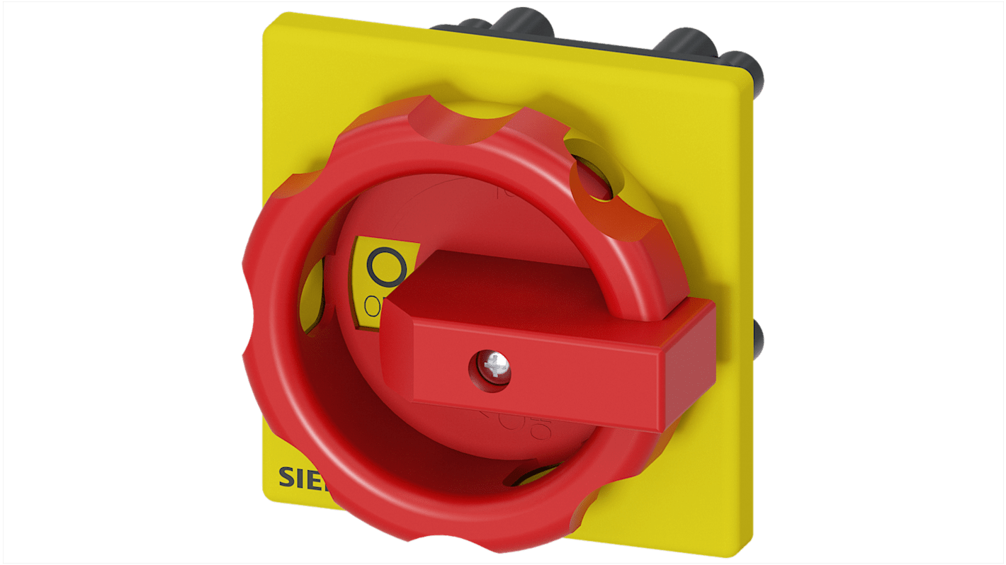 Manopola rotante Siemens 3LD9344-5C per sezionatore di carico, montaggio su piastra 66x66 mm, foro centrale 22,5 mm, colori rosso e giallo.