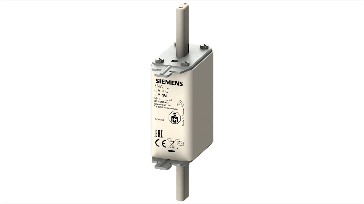Fusibile NH1 Siemens 3NA3117, 40A, categoria gG, tensione 500V, con linguette centrate per impianti elettrici.