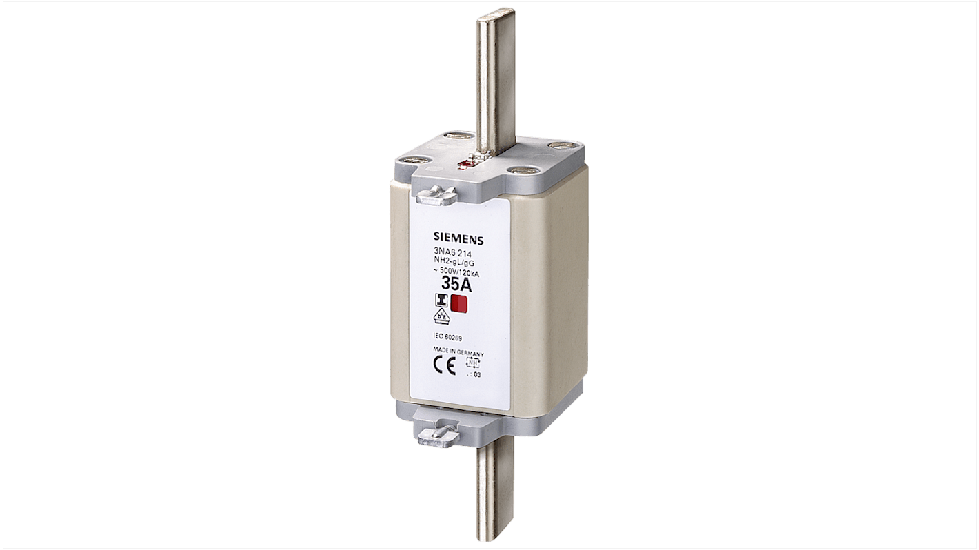 Fusibile NH2 Siemens 3NA6214, 35A, 500V, con linguette centrate per montaggio su guida in impianti industriali.