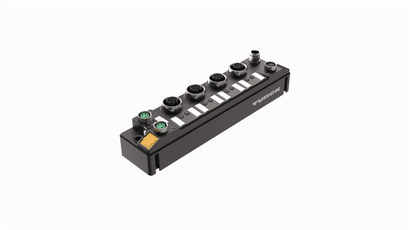 Modulo I/O Turck TBEN-S2-8DXP, 8 porte Profinet Ethernet, connettore M8, IP69K, 24V cc, dimensioni 144 x 32 x 32 mm.