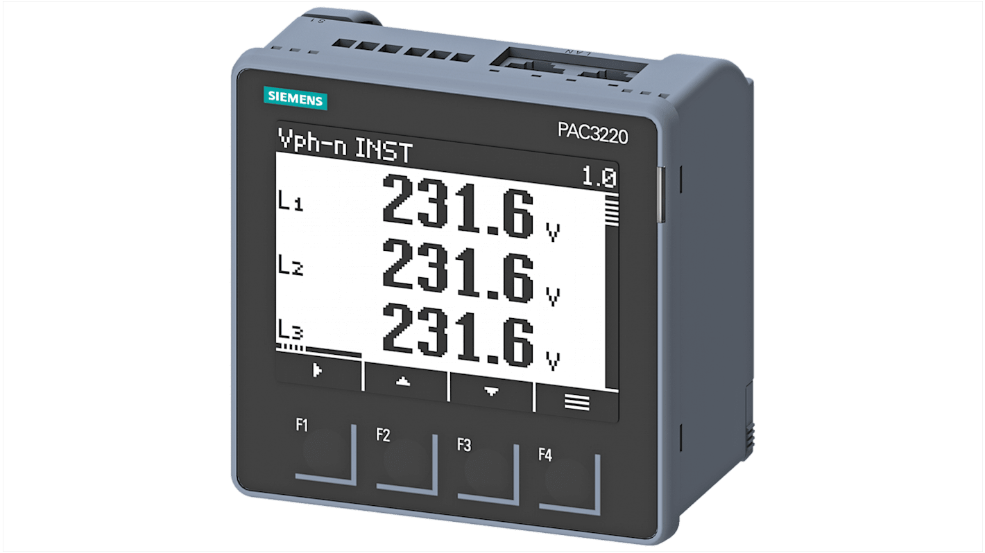 Dispositivo monitoraggio potenza Siemens 7KM3220-0BA01-1DA0 con display LCD 5 cifre, approvato CE, EAC e UL. Ideale per controllo energetico.