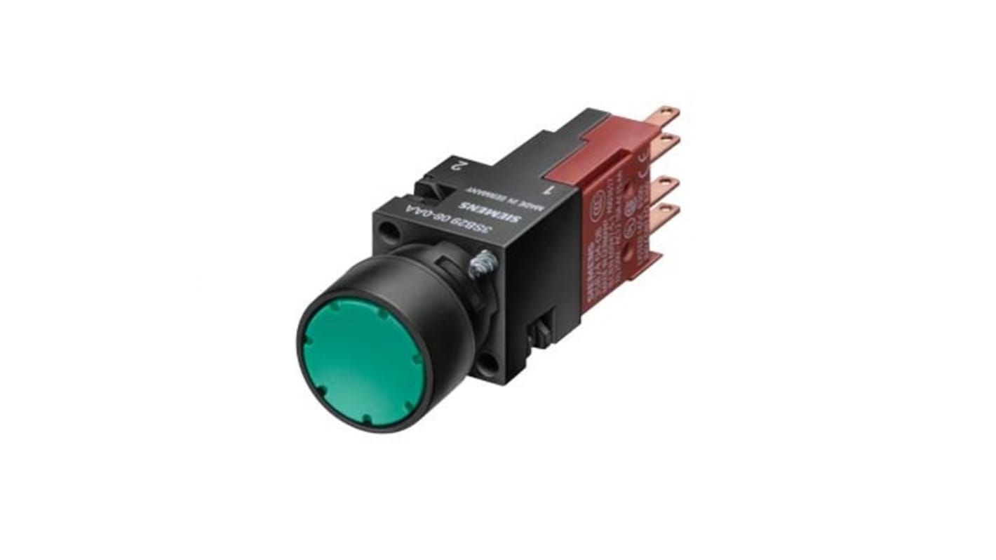 Pulsante luminoso Siemens 3SB2206-0AF01, rotondo verde, contatto SPST, diametro foratura 16mm, grado di protezione IP65.