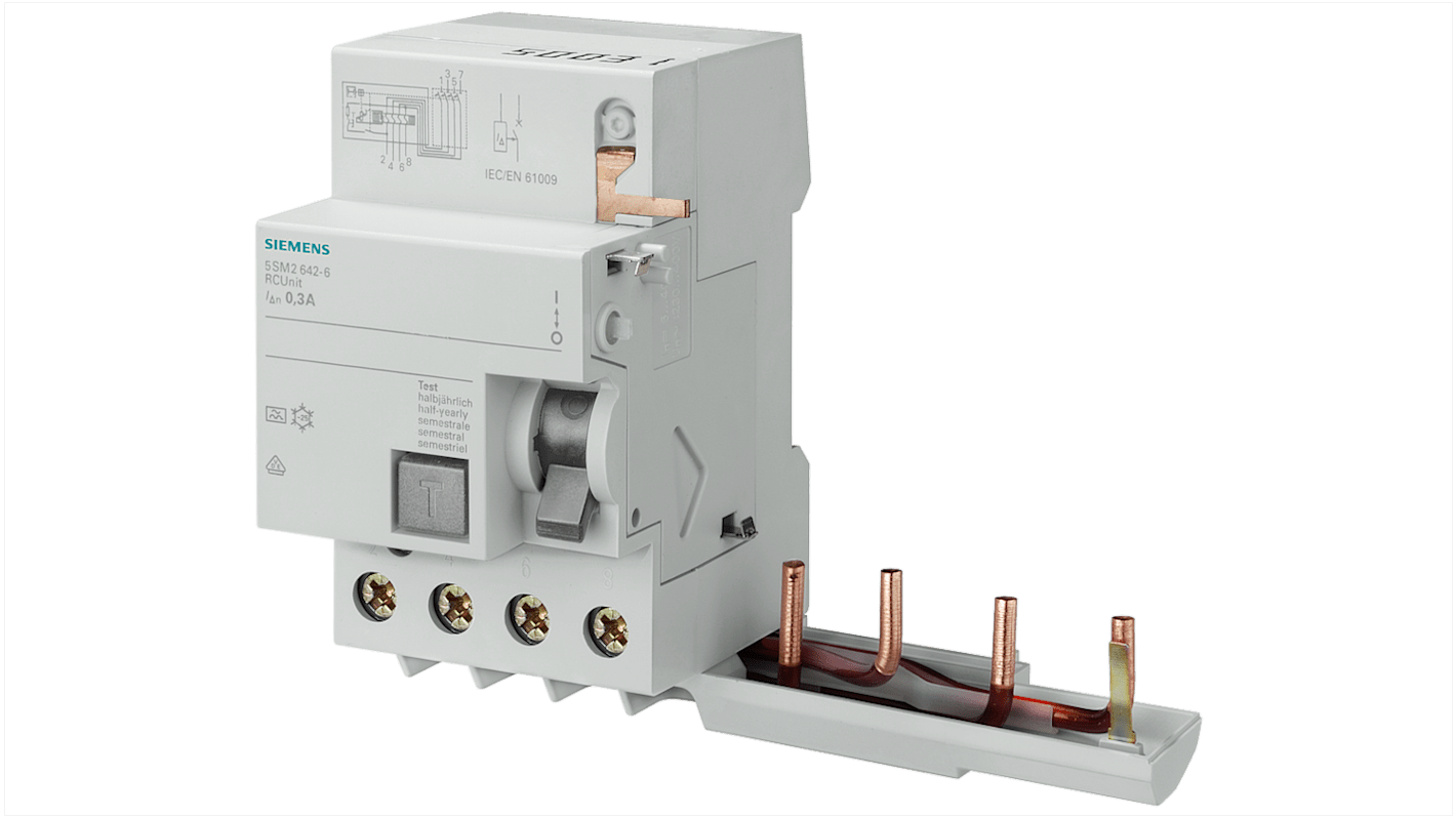 Interruttore automatico a corrente residua Siemens 5SM2645-6, 4P, 63A, sensibilità 300mA, Tipo A, IP20. Ideale per protezione elettrica su guida DIN.