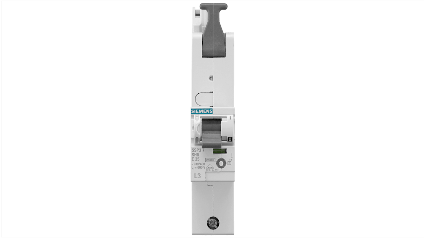Interruttore magnetotermico Siemens 1P 20A, Tipo E, montaggio su guida DIN, protezione IP40, capacità di commutazione 25 kA.