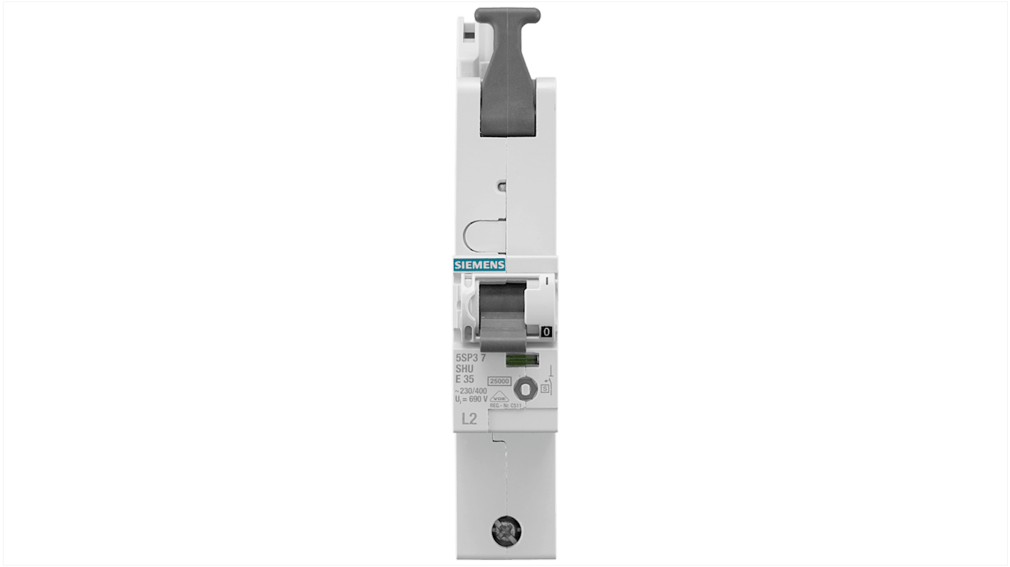 Interruttore magnetotermico Siemens 1P, 35A, Tipo E, montaggio su guida DIN, grado di protezione IP40.