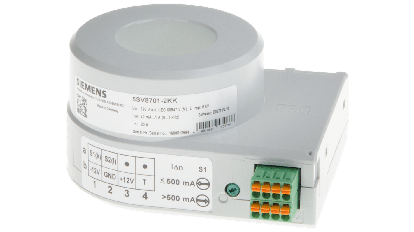 Trasformatore di corrente Siemens 5SV8701-2KK, foro 35mm, IP20, 10 mA, 12 V, dimensioni 55x99.5 mm.